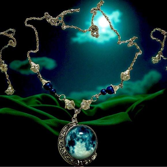 Silver and Blue Moon Pendant Necklace - Picture 1 of 1